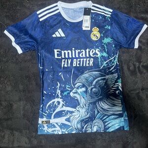 adidas Real Madrid Blue Graphic Soccer Jersey with White Accents